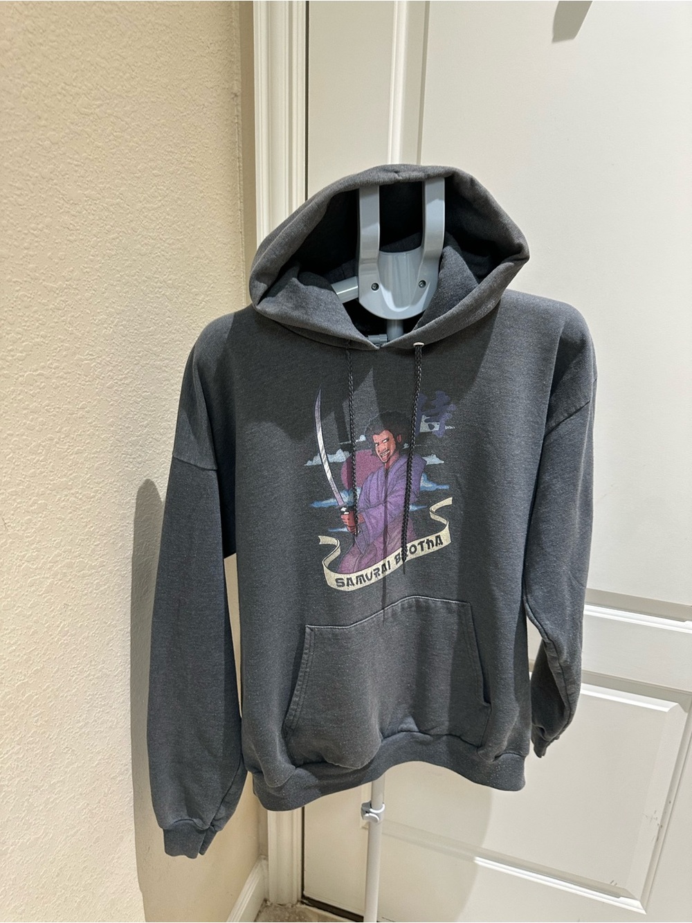 Hanes Charcoal Hooded Sweatshirt with Samurai Graphic